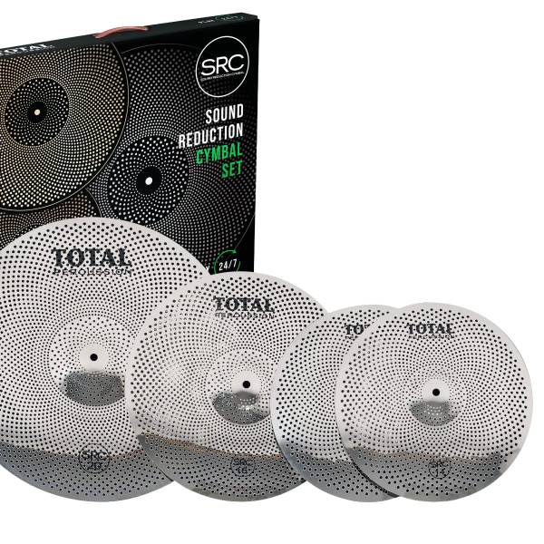 Four Total Percussion SRC33SL silver metal cymbals covered in small perforated holes, sized 14, 16, and 20 inches, standing next to a black retail display box labeled SRC Sound Reduction Cymbal Set.
