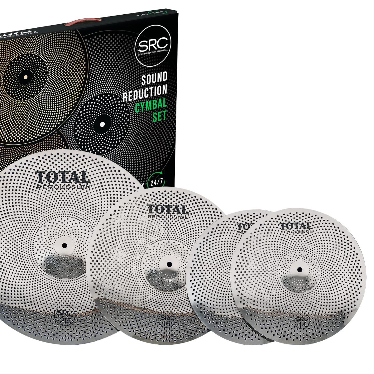 Four Total Percussion SRC33SL silver metal cymbals covered in small perforated holes, sized 14, 16, and 20 inches, standing next to a black retail display box labeled SRC Sound Reduction Cymbal Set.