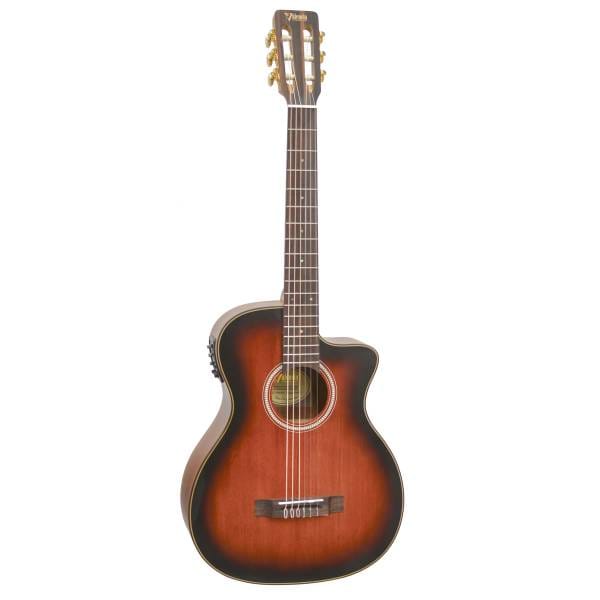 Valencia Series 430 VA434CE CSB auditorium acoustic-electric nylon string guitar in a high-gloss Cherry Sunburst finish, featuring a Sitka spruce top, cutaway body, and integrated preamp on a white background.