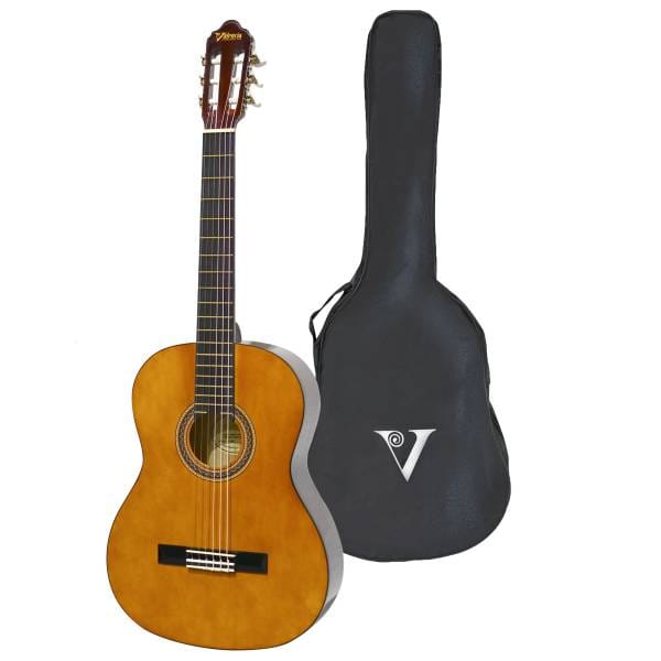 Left-handed Valencia Series 100 VC104L full-size nylon string classical guitar in a natural finish, standing with its included black padded gig bag featuring a white Valencia logo on a white background.
