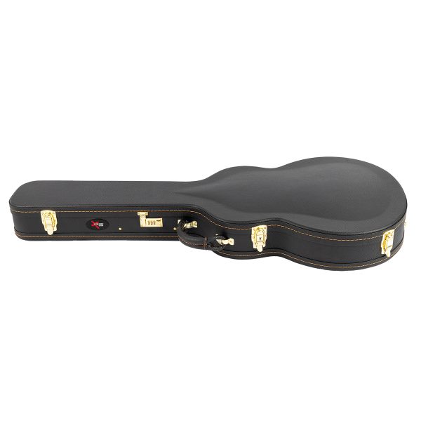 Xtreme XC749 arched-top semi-acoustic guitar hardshell case in black vinyl with orange stitching and gold latches.