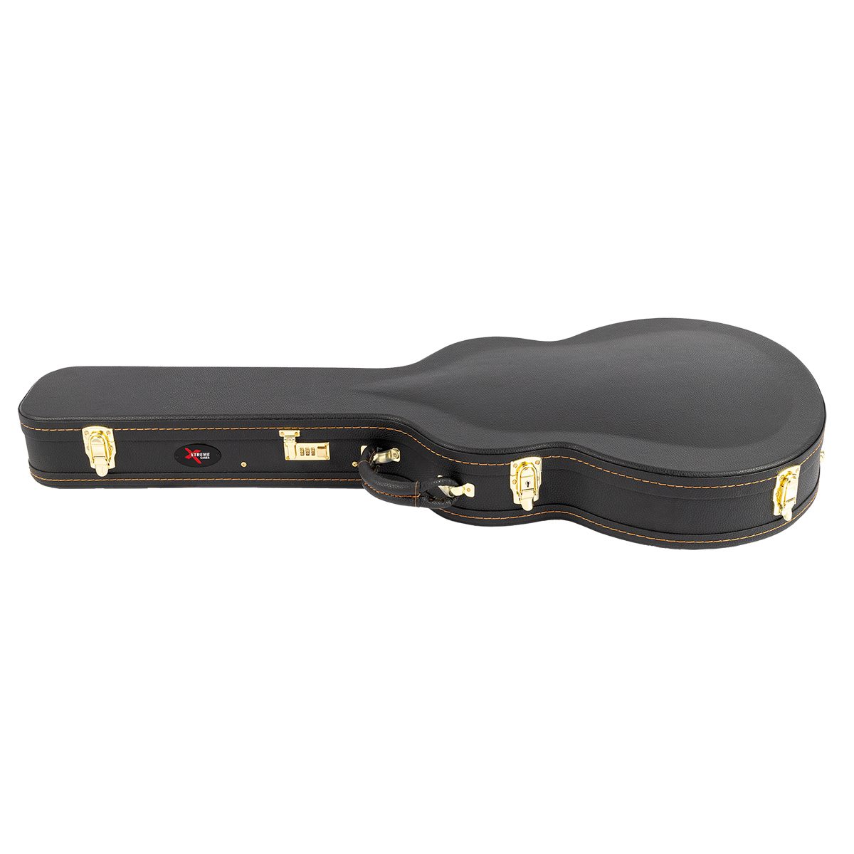 Xtreme XC749 arched-top semi-acoustic guitar hardshell case in black vinyl with orange stitching and gold latches.