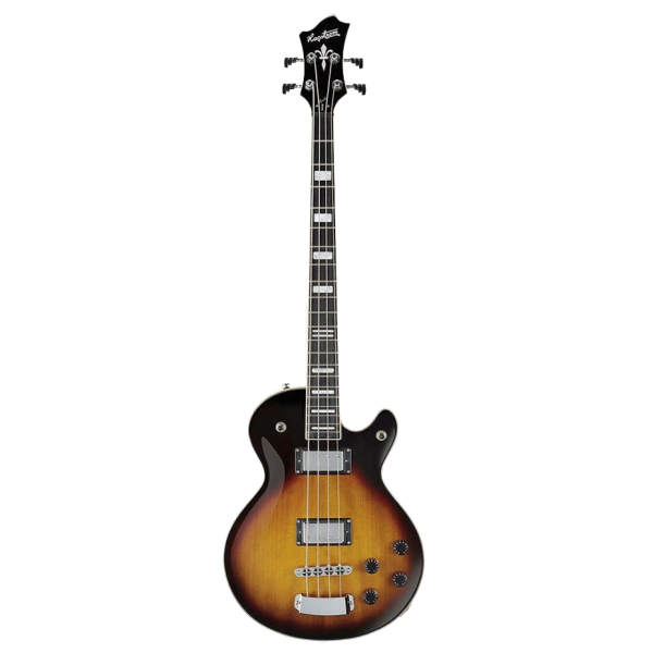Hagstrom Swede electric bass guitar featuring a single-cutaway body, vintage sunburst finish, black pickguard, two pickups, and a solid tailpiece.