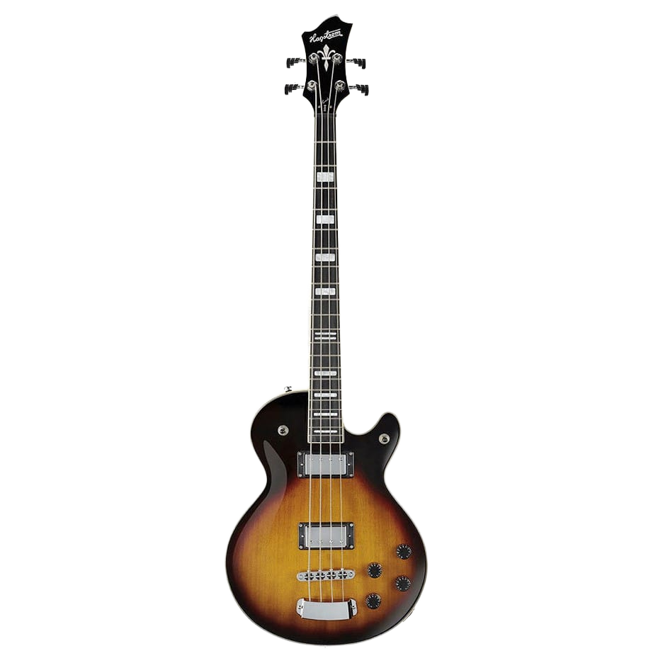 Hagstrom Swede electric bass guitar featuring a single-cutaway body, vintage sunburst finish, black pickguard, two pickups, and a solid tailpiece.
