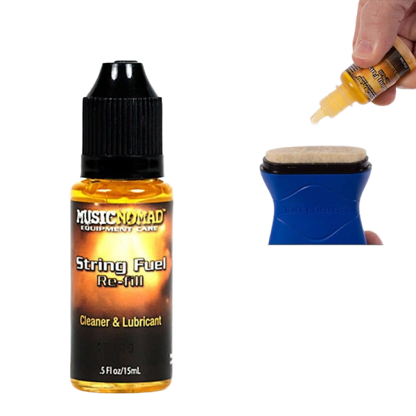 Music Nomad String Fuel refill bottle next to an inset image showing a hand dripping liquid onto a string applicator pad.
