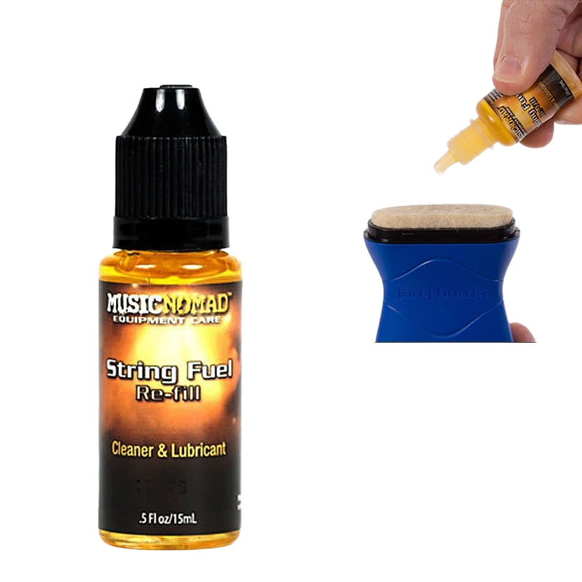 Music Nomad String Fuel refill bottle next to an inset image showing a hand dripping liquid onto a string applicator pad.