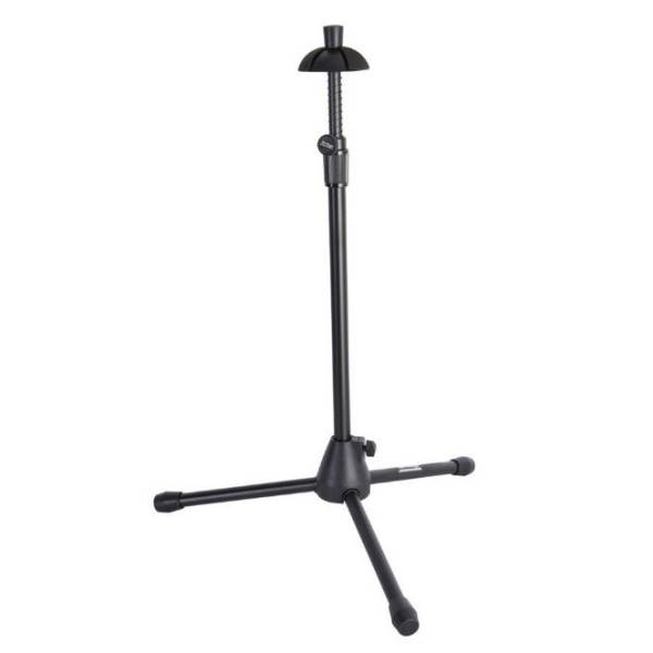 A black On-Stage TS7101B trombone stand with foldaway tripod legs and a bell cone.