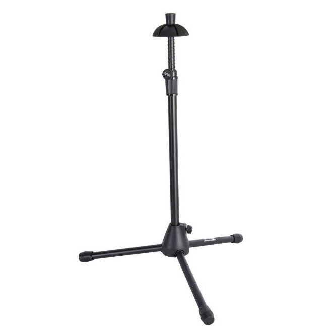 A black On-Stage TS7101B trombone stand with foldaway tripod legs and a bell cone.