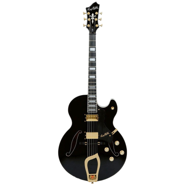 Hagstrom HJ500 semi-hollow body jazz electric guitar featuring a black gloss finish, gold hardware, dual humbucking pickups, and an ornate trapeze tailpiece.