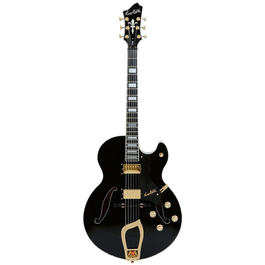 Hagstrom HJ500 semi-hollow body jazz electric guitar featuring a black gloss finish, gold hardware, dual humbucking pickups, and an ornate trapeze tailpiece.