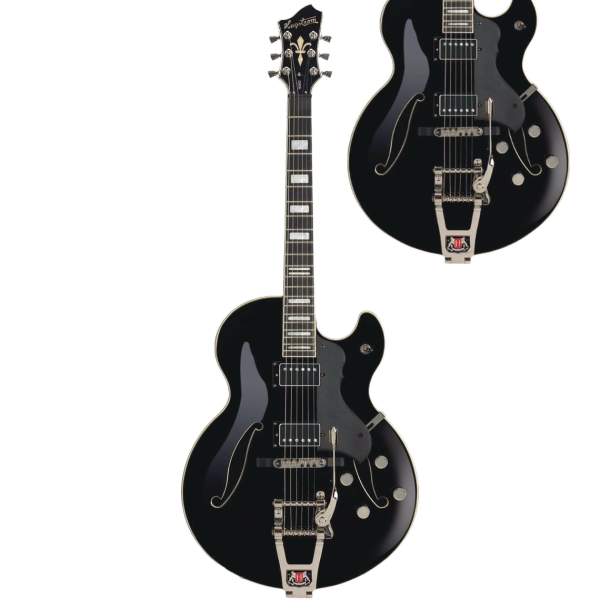 Hagstrom Tremar semi-hollow body jazz guitar in black gloss finish, featuring a vibrato tailpiece, with a secondary inset close-up of the body and tremolo system.