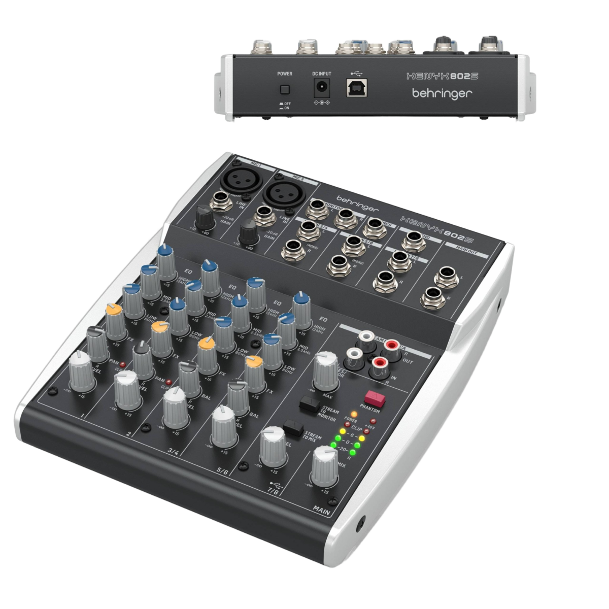 Top-down angled view of the Behringer XENYX 802S mixer showcasing its control knobs and inputs, with an inset image detailing the rear panel power and USB ports.