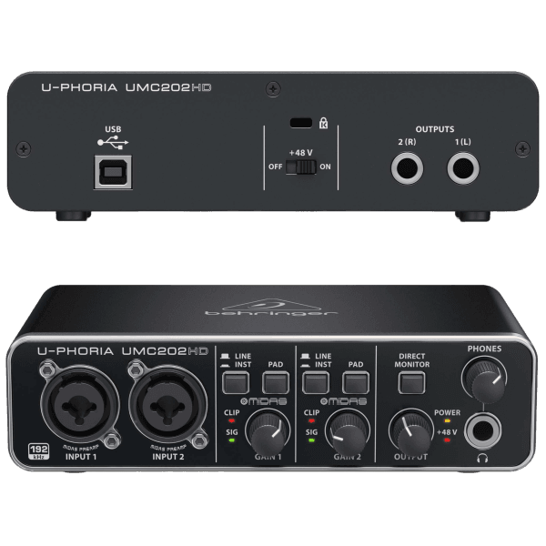 The front panel of a Behringer U-Phoria UMC202HD audio interface showing two combo inputs, gain knobs, and output controls.