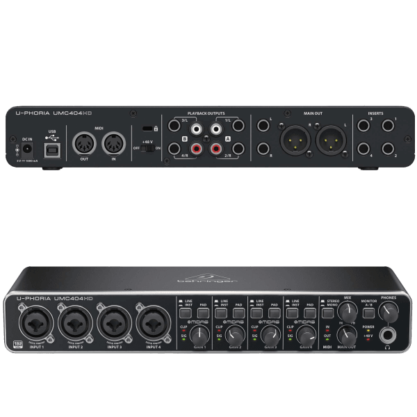 A Behringer U-Phoria UMC404HD audio interface featuring four combo input jacks, multiple control knobs, and indicator lights on its front panel.