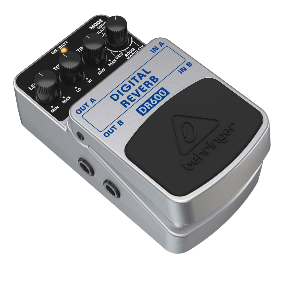 A top-down view of a white Behringer DR600 Digital Reverb effects pedal with four control knobs and a foot switch.