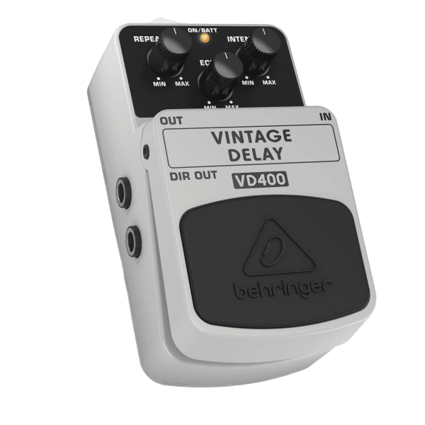 A silver Behringer VD400 Vintage Delay effects pedal displaying its top control knobs and switch plate.