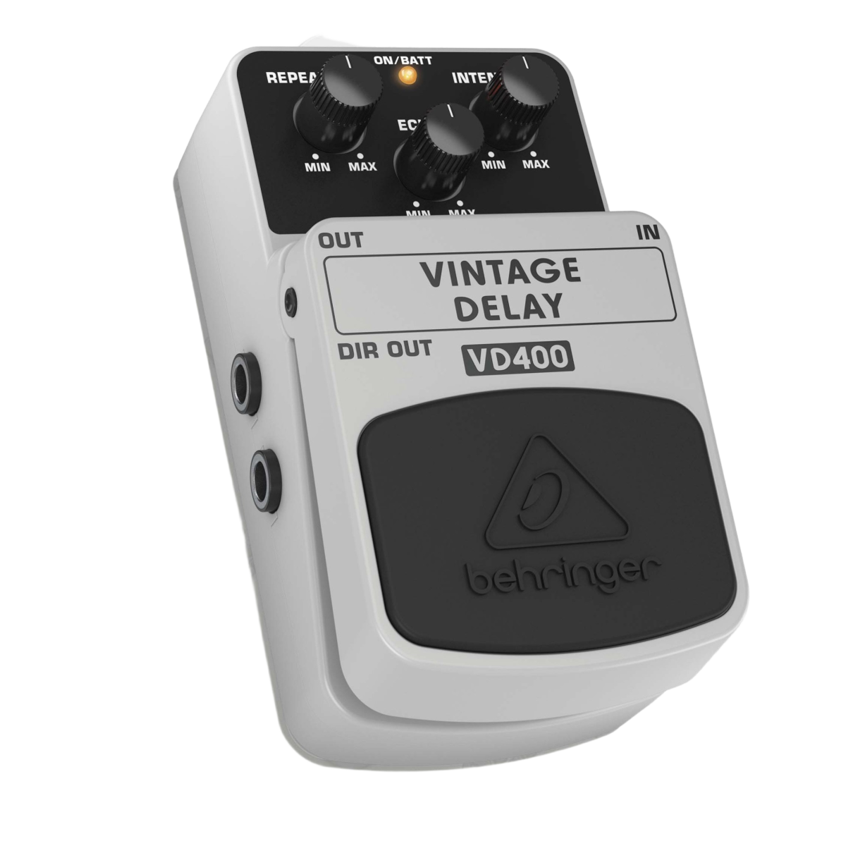 A silver Behringer VD400 Vintage Delay effects pedal displaying its top control knobs and switch plate.