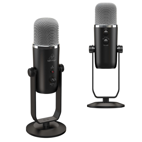 A silver Behringer Bigfoot USB condenser microphone mounted on a heavy, tilting desktop stand, featuring an inset image that highlights a close-up of the onboard polar pattern selector and gain control knobs.