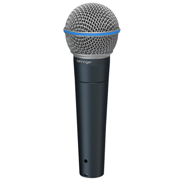 : A Behringer BA 85A handheld dynamic microphone featuring a dark handle and a silver wire mesh grille.