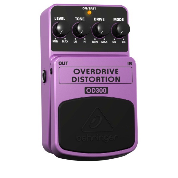 A bright pink Behringer OD300 Overdrive/Distortion effects pedal displaying its four top control knobs and central footswitch.