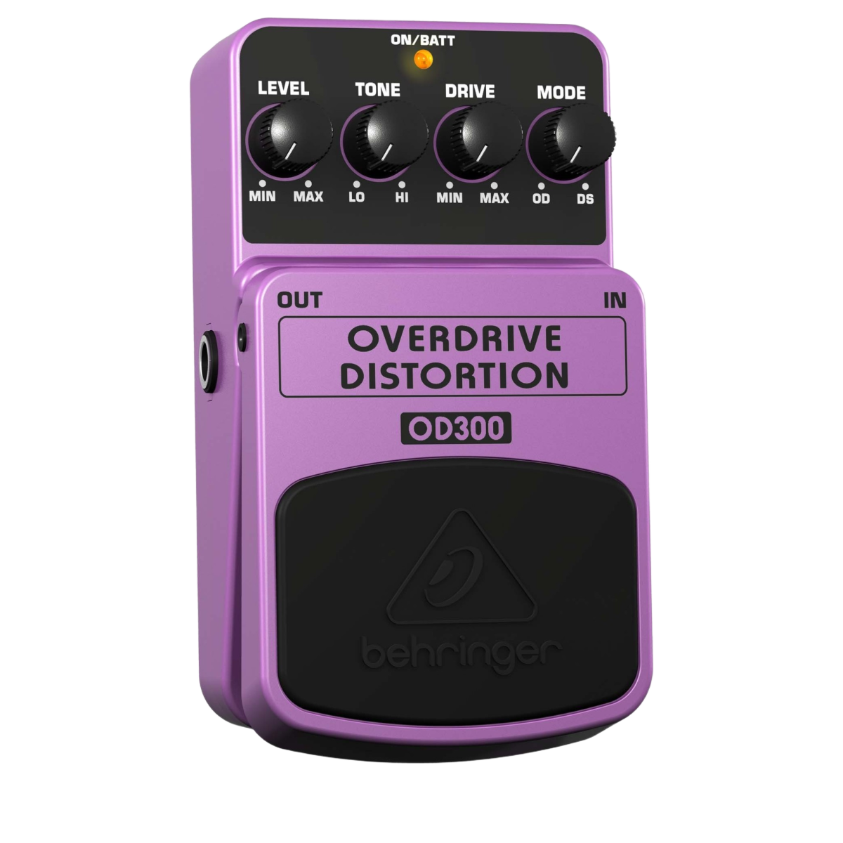 A bright pink Behringer OD300 Overdrive/Distortion effects pedal displaying its four top control knobs and central footswitch.