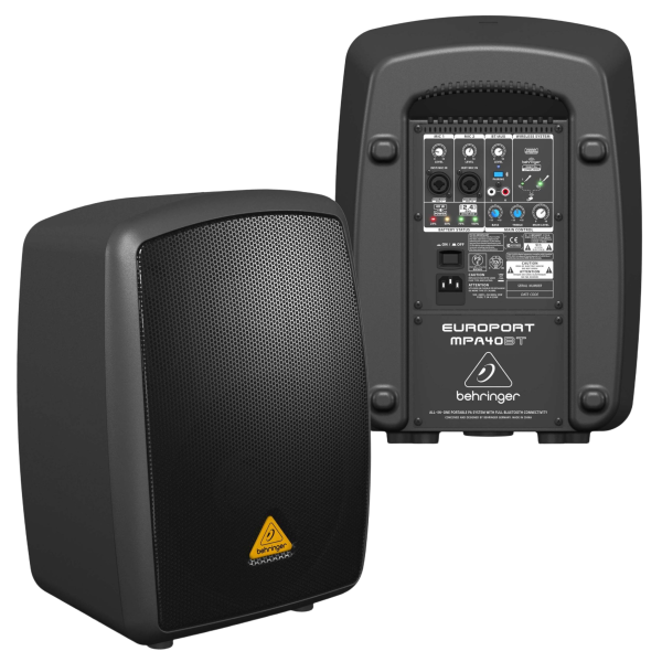 A black Behringer Europort MPA40BT portable PA speaker with front grille and top control panel.