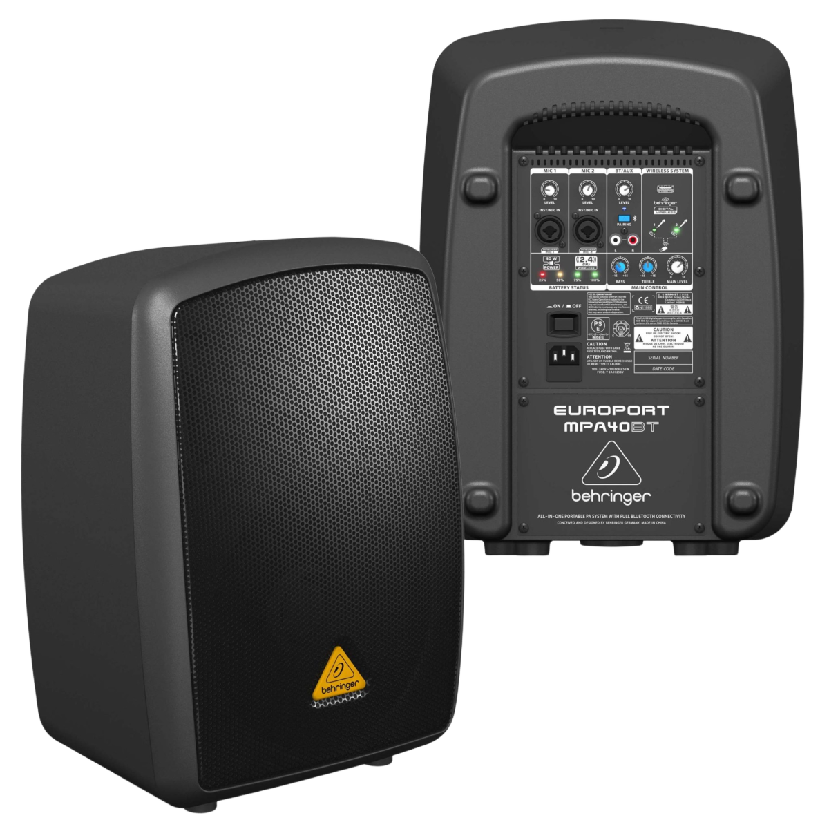 A black Behringer Europort MPA40BT portable PA speaker with front grille and top control panel.