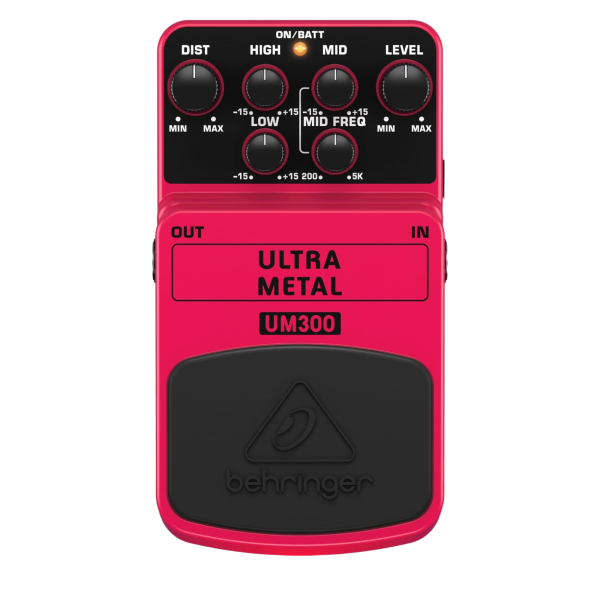 Top-down view of a bright pink Behringer UM300 Ultra Metal effects pedal against a black background, highlighting the parameter knobs for distortion, high, mid, level, low, and mid frequency.
