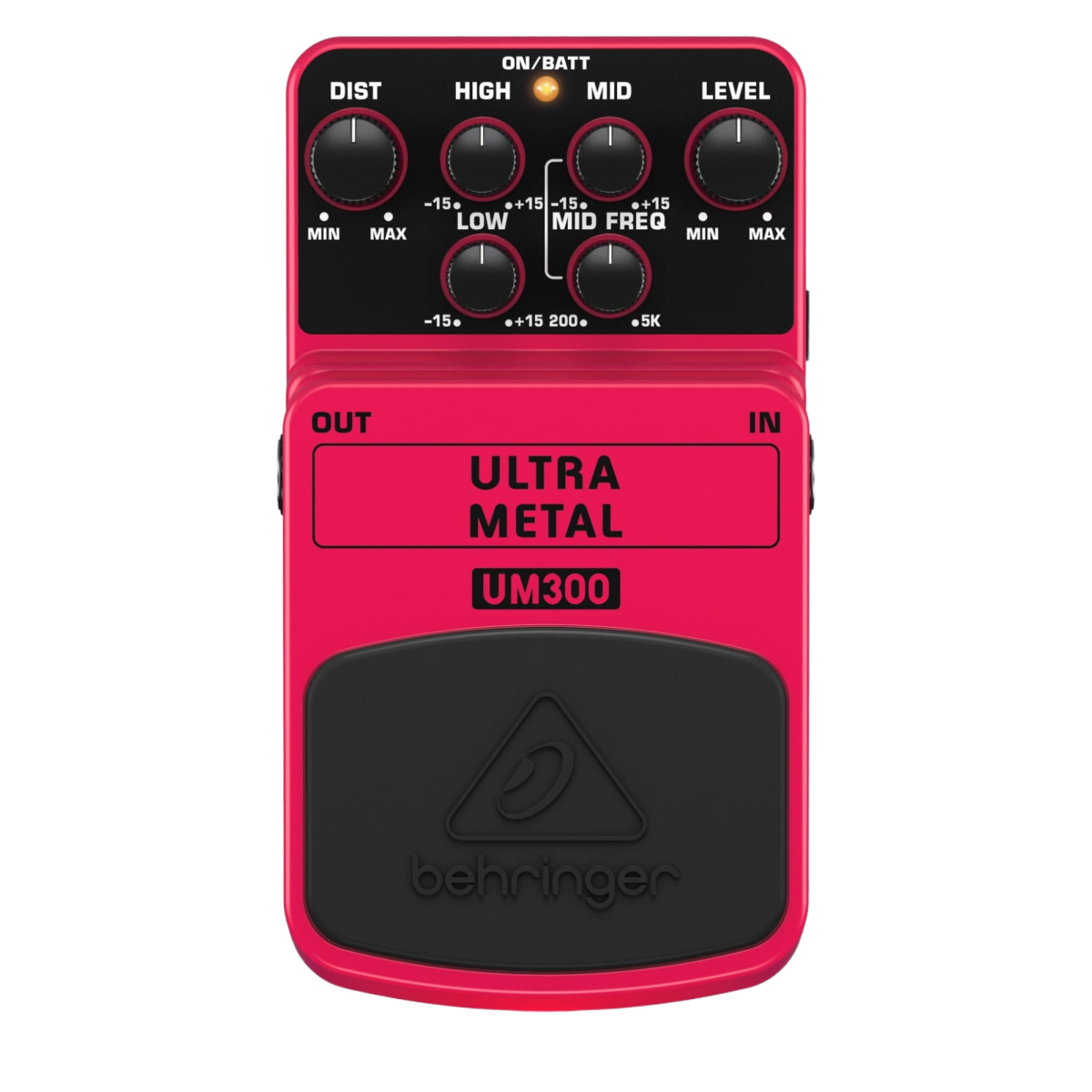 Top-down view of a bright pink Behringer UM300 Ultra Metal effects pedal against a black background, highlighting the parameter knobs for distortion, high, mid, level, low, and mid frequency.