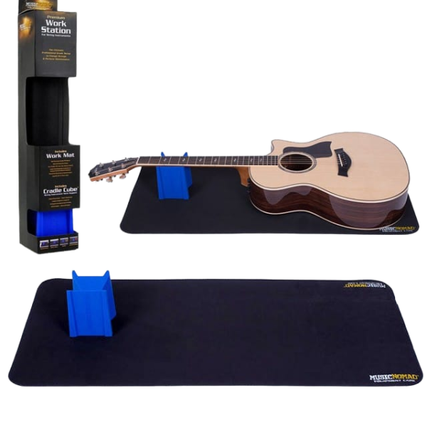On the top left is a tall retail box for the Premium Work Station. Next to it, an acoustic guitar rests flat on a large black rectangular work mat with its neck supported by a blue cube cradle. Below this is a secondary shot showing the empty black work mat with only the blue neck cradle resting on it.