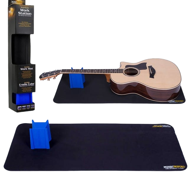 On the top left is a tall retail box for the Premium Work Station. Next to it, an acoustic guitar rests flat on a large black rectangular work mat with its neck supported by a blue cube cradle. Below this is a secondary shot showing the empty black work mat with only the blue neck cradle resting on it.