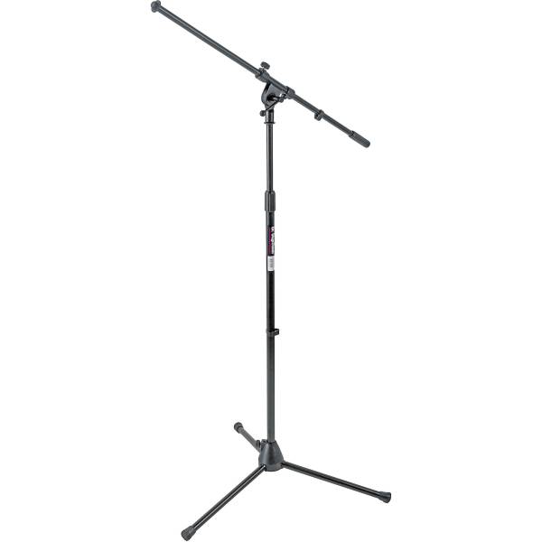 A black On-Stage MS7701B tripod microphone stand fully extended with an angled boom arm.