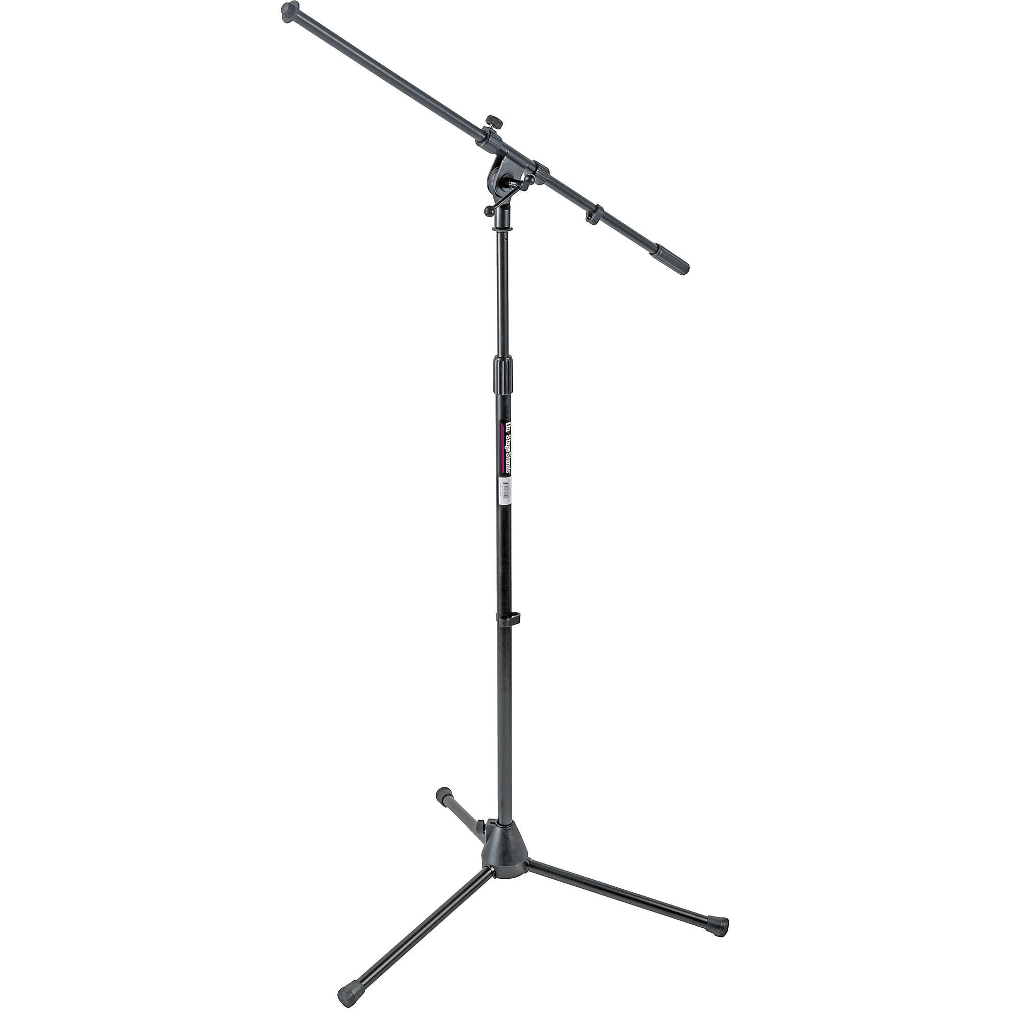 A black On-Stage MS7701B tripod microphone stand fully extended with an angled boom arm.