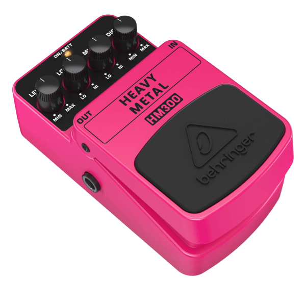 A bright pink Behringer HM300 Heavy Metal effects pedal displaying its top control knobs and black footswitch.