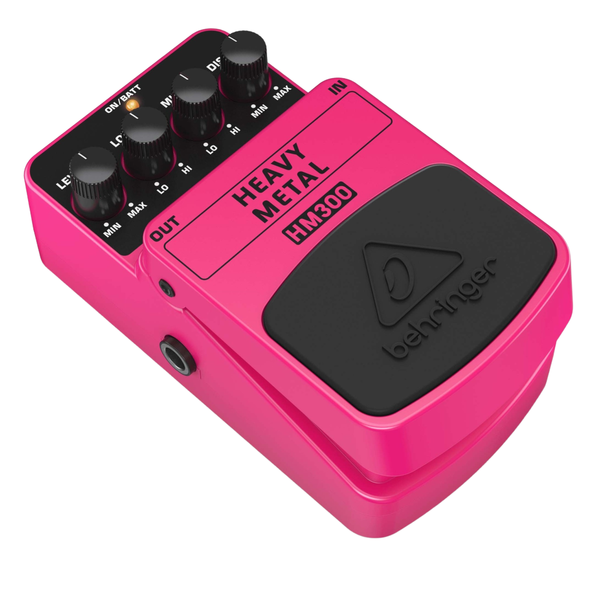 A bright pink Behringer HM300 Heavy Metal effects pedal displaying its top control knobs and black footswitch.