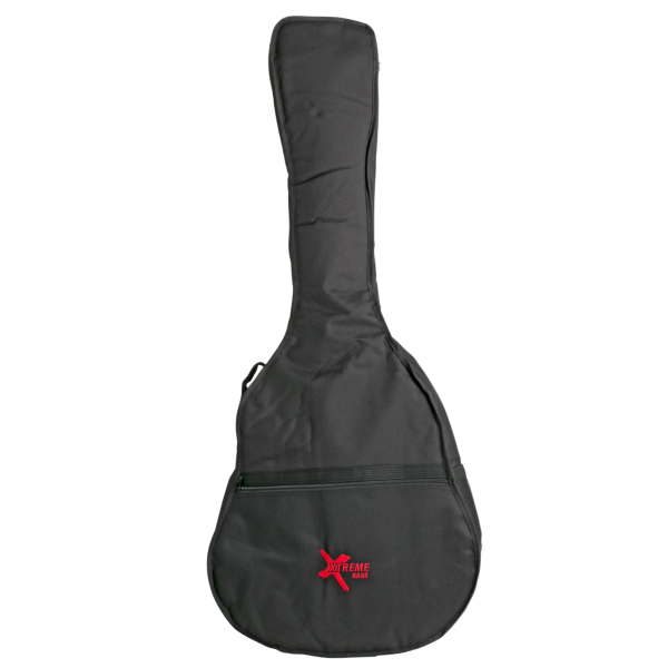 A tall, black nylon acoustic bass gig bag featuring a zippered front accessory pocket and a red Xtreme Bags logo stitched near the bottom.