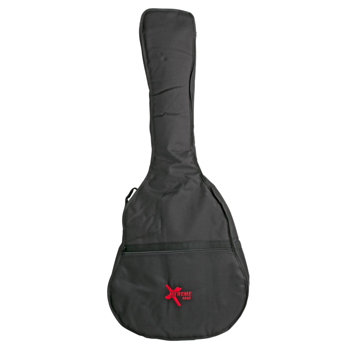 A tall, black nylon acoustic bass gig bag featuring a zippered front accessory pocket and a red Xtreme Bags logo stitched near the bottom.