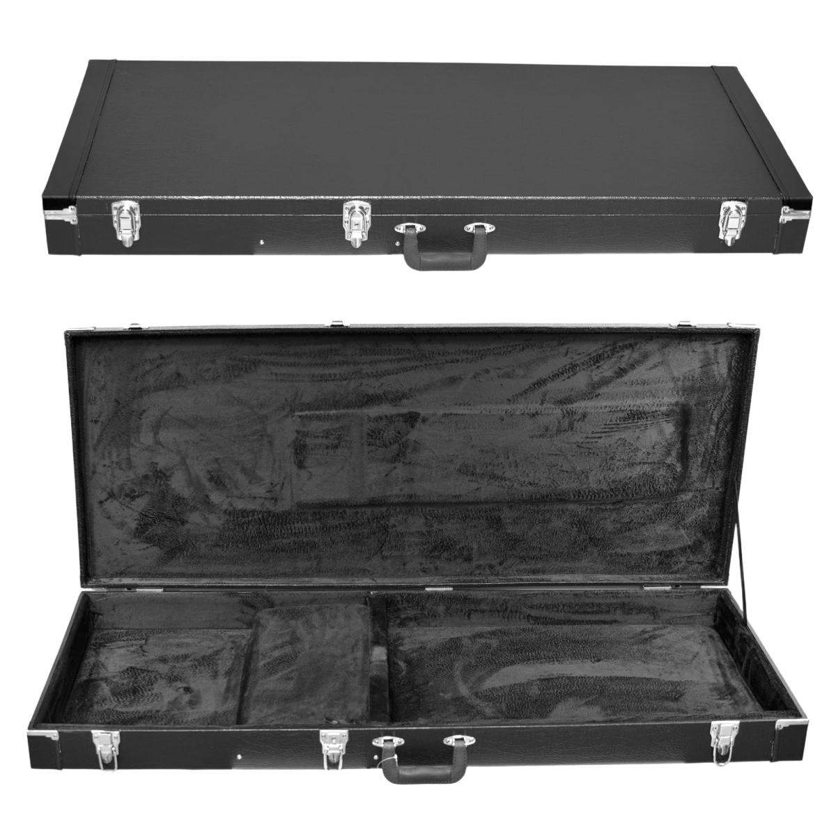 HC846 large rectangular black hardcase showing a closed exterior view, with an inset of the open case revealing an expansive black plush interior.