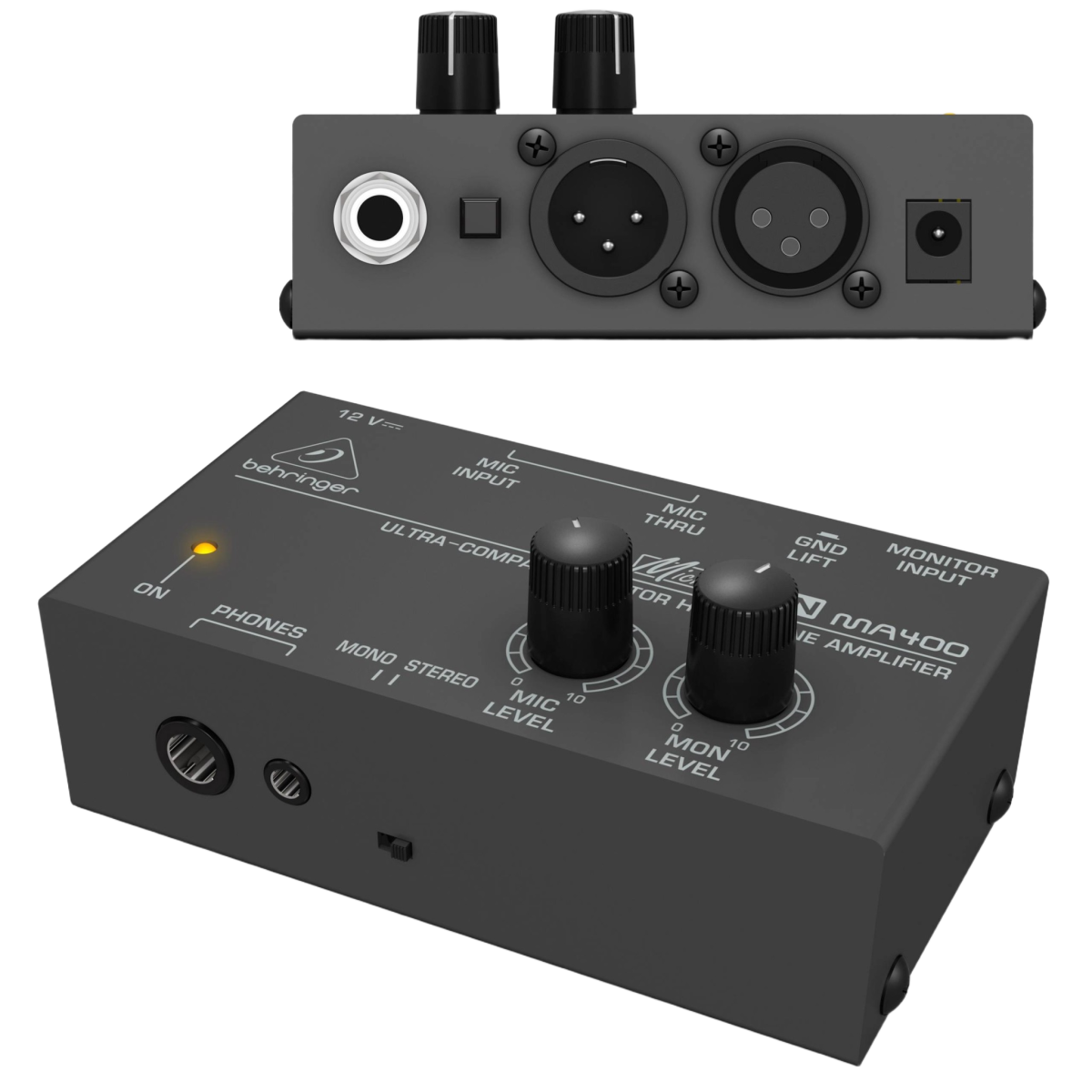 A silver Behringer Micromon MA400 headphone amplifier unit showing its top volume knobs and side input jacks.