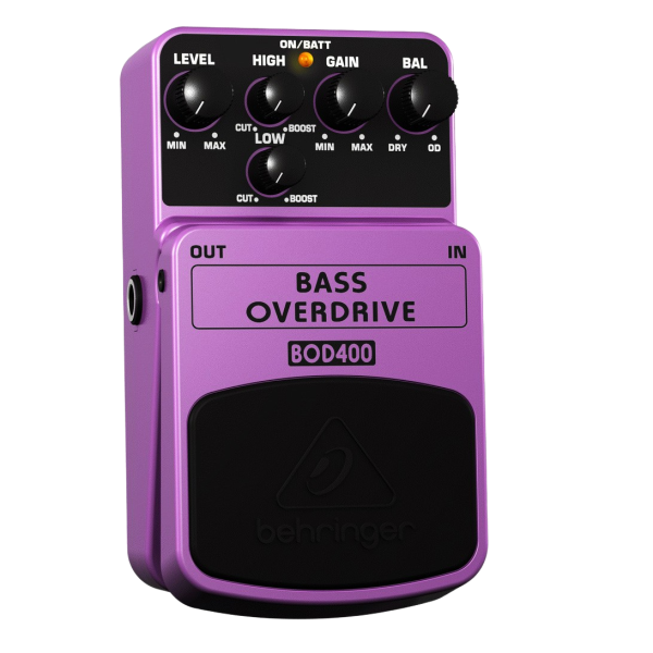 A yellow Behringer BOD400 Bass Overdrive effects pedal displaying its top control knobs, switch, and main footswitch.