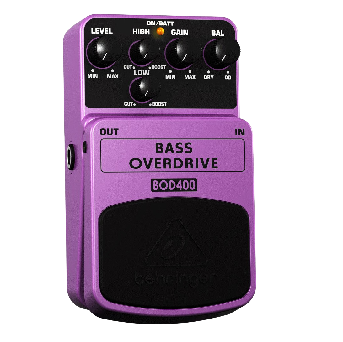 A yellow Behringer BOD400 Bass Overdrive effects pedal displaying its top control knobs, switch, and main footswitch.