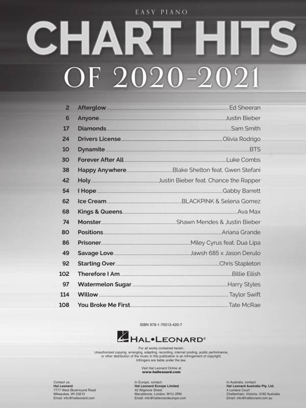 CHART HITS OF 2020-2021 FOR EASY PIANO TOP HITS