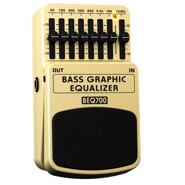 A yellow Behringer BEQ700 Bass Graphic Equalizer pedal featuring seven black frequency sliders and one level slider on the top panel.