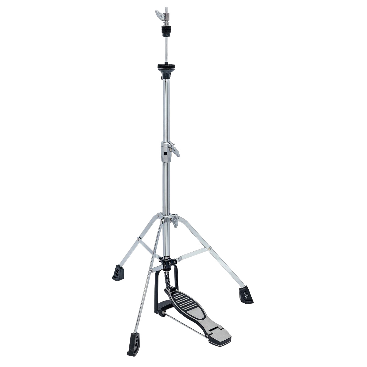 Chrome DXPHH6 hi-hat stand featuring a heavy-duty double-braced tripod base, chain drive, and a silver and black footboard.