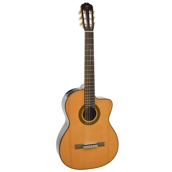 Front view of a Takamine GC5CENAT acoustic-electric classical guitar featuring a gloss finish, nylon strings, a cutaway, and side preamp.