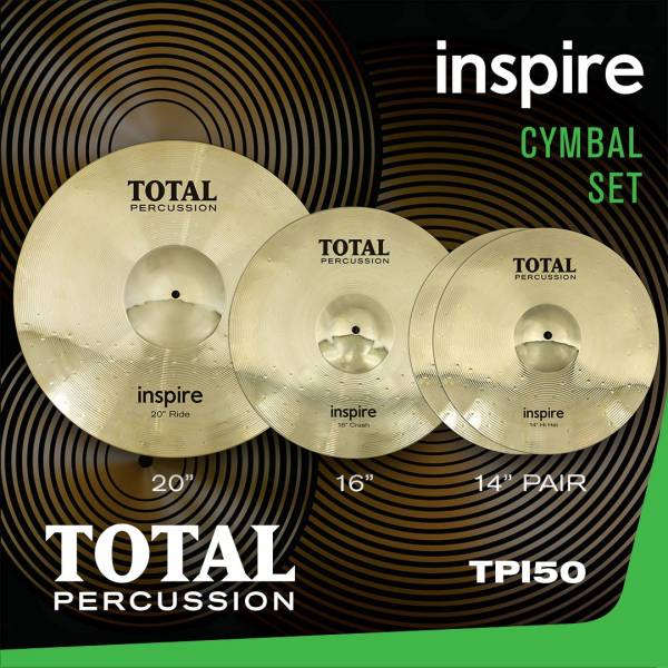 Total Percussion Inspire Cymbal Set TPI50 featuring a 20-inch ride, 16-inch crash, and 14-inch hi-hat pair.