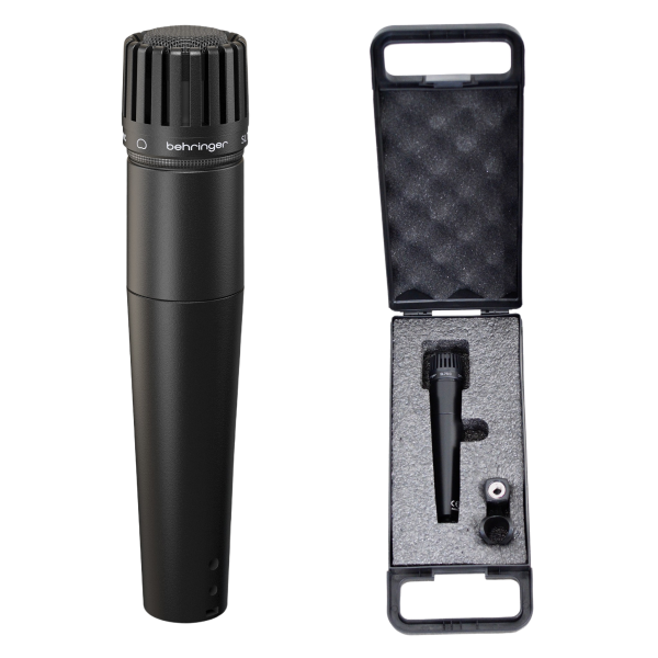 A dark grey Behringer SL 75C dynamic instrument microphone alongside a black stand clip and a black zippered protective case.