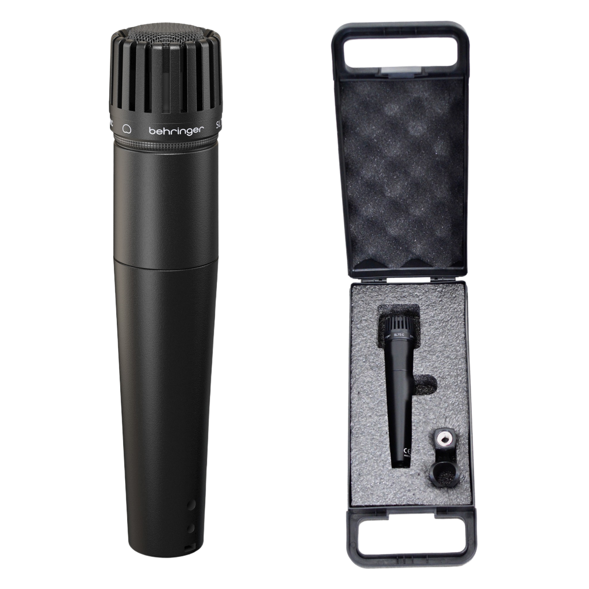 A dark grey Behringer SL 75C dynamic instrument microphone alongside a black stand clip and a black zippered protective case.