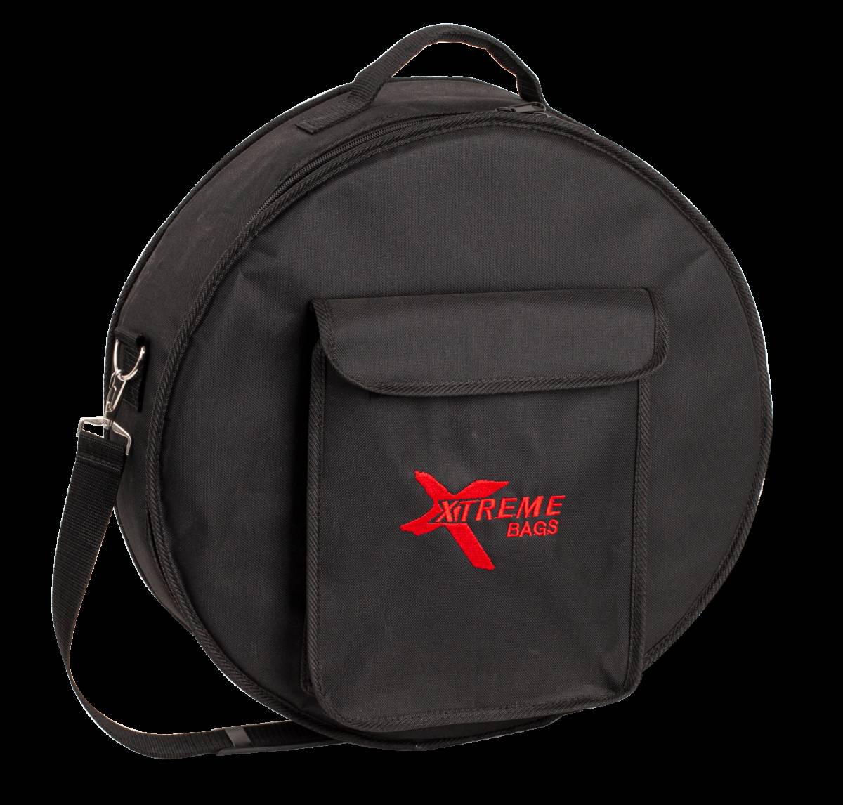 Round black Xtreme Bags carrying case with a red embroidered logo, front flap pocket, and attached shoulder strap.