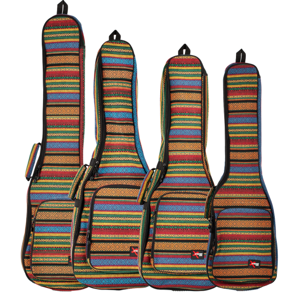 Four Xtreme TB705 guitar gig bags lined up side-by-side, showcasing a vibrant bohemian striped weave pattern in blue, red, yellow, and green, with black trim and a small logo patch.